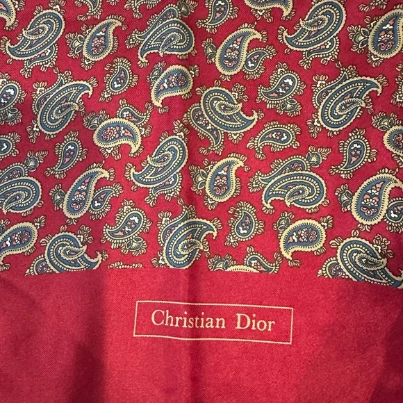 VINTSGE CHRISTIAN DIOR RED PAISLEY/TAN FABRIC LONG SCARF VGUC